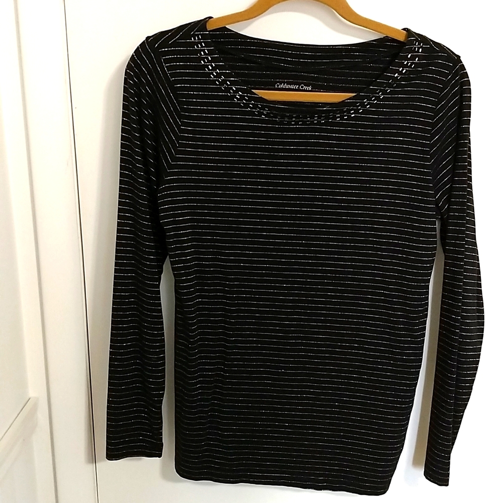 Coldwater Creek top. Blk w/beading & silver Lurex stripes. Exct.Conditio…